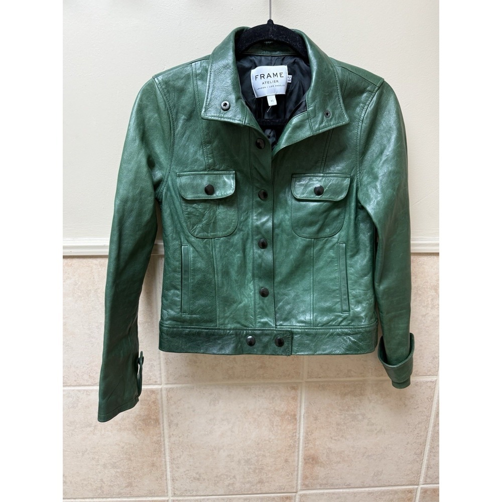 FRAME Atelier Green 100% Lamb Leather Trucker Jacket Snap Front Utility XS - Picture 4 of 12